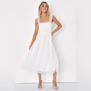 Lulu’s Darling Dancer White Swiss Dot Ruffled Tiered Midi Dress